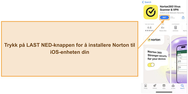 Skjermbilde som viser hvordan man installerer Norton på iOS-enheter