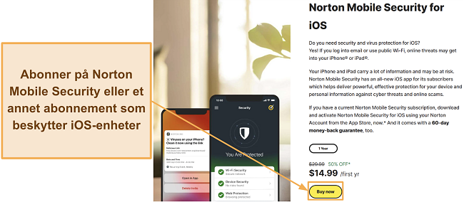Skjermbilde som viser hvordan man abonnerer på Norton Mobile Security