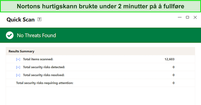 Norton gjennomgår sikkerhet hurtigskanning