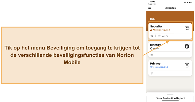 Screenshot die laat zien hoe je toegang krijgt tot Norton's beveiligingsfuncties op iOS