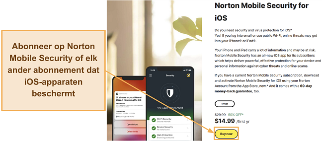 Screenshot die laat zien hoe je je kunt abonneren op Norton Mobile Security