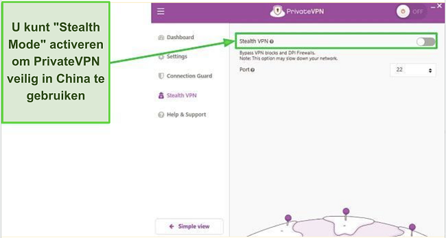 Schermafbeelding van de Stealth Mode-instellingen in de PrivateVPN-app