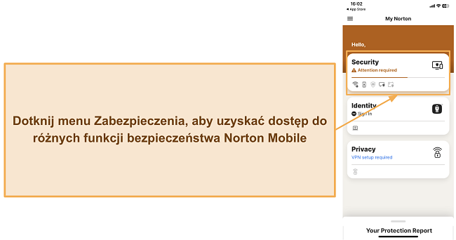 Zrzut ekranu pokazujący, jak uzyskać dostęp do funkcji bezpieczeństwa Norton na iOS