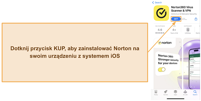 Zrzut ekranu pokazujący, jak zainstalować Norton na urządzeniach z iOS