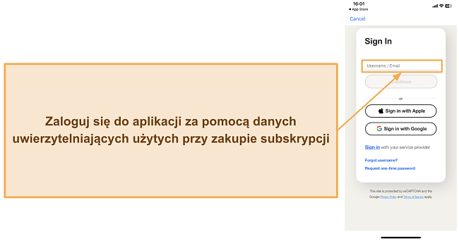 Zrzut ekranu pokazujący, jak zalogować się do mobilnej aplikacji Norton