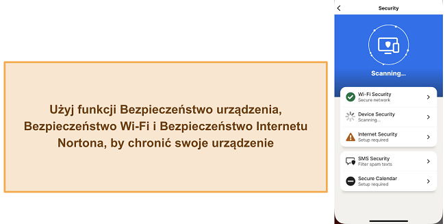 Zrzut ekranu różnych funkcji bezpieczeństwa Norton