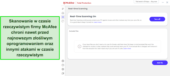 Aplikacja McAfee pokazująca włączone skanowanie zabezpieczające w czasie rzeczywistym