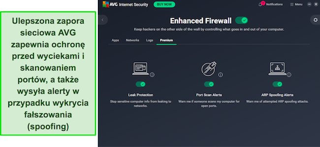 Aplikacja AVG wyświetlająca ulepszoną ochronę zapory sieciowej