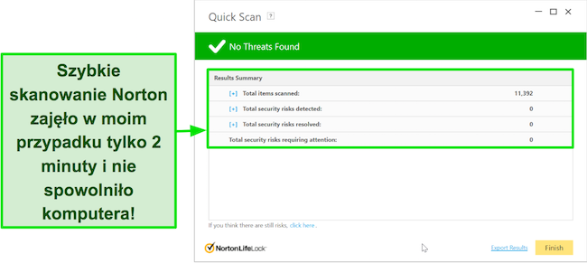 Zrzut ekranu ekranu wyników szybkiego skanowania programu Norton