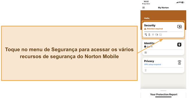 Captura de tela mostrando como acessar as funcionalidades de segurança da Norton no iOS