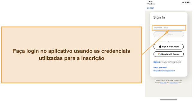 Captura de tela mostrando como fazer login no aplicativo móvel da Norton