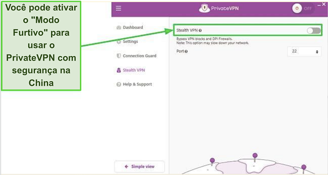 Captura de tela das configurações do Modo Furtivo no aplicativo do PrivateVPN