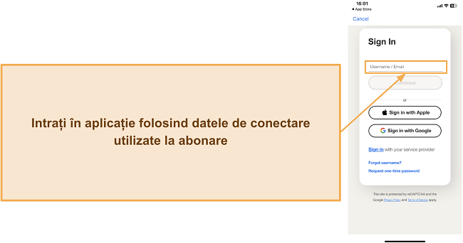 Captură de ecran care arată cum să te autentifici în aplicația mobilă Norton