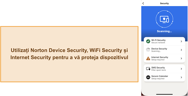 Captură de ecran cu diversele funcții de securitate ale Norton