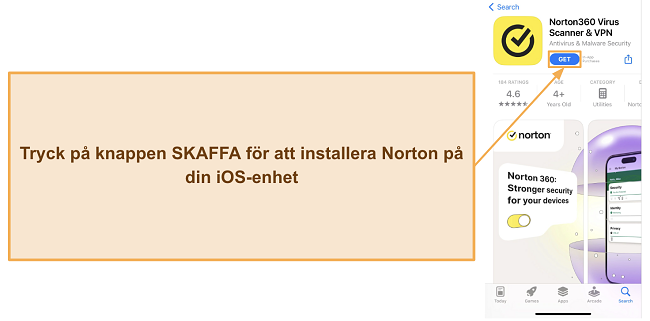 Skärmdump som visar hur man installerar Norton på iOS-enheter