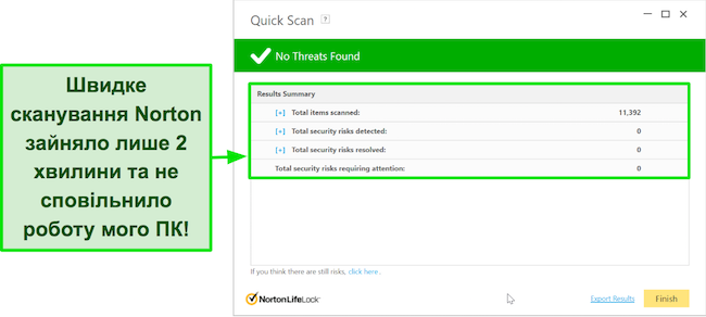 Знімок екрана результатів швидкого сканування Norton