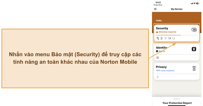 Ảnh chụp màn hình hướng dẫn cách truy cập vào các tính năng bảo mật của Norton trên iOS