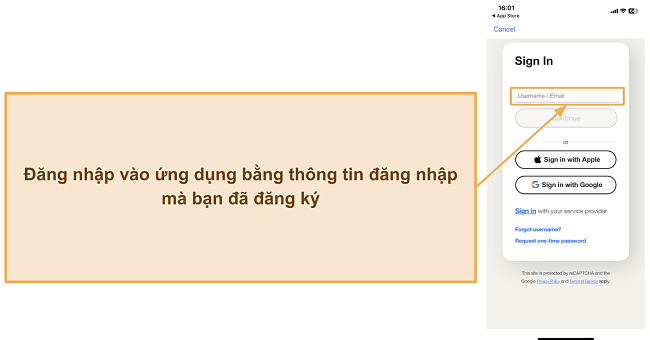 Ảnh chụp màn hình hướng dẫn cách đăng nhập vào ứng dụng di động của Norton