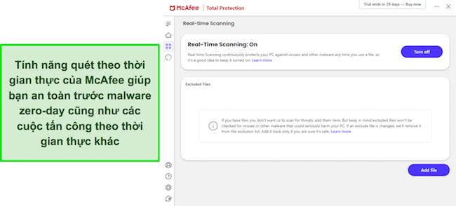 Ứng dụng McAfee hiển thị tính năng quét bảo vệ theo thời gian thực đang bật