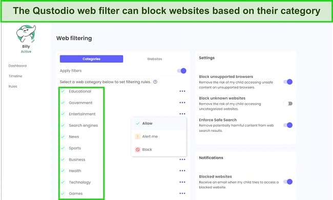 Customize how you want Qustodio to treat each category: block, allow, or Send an Alert