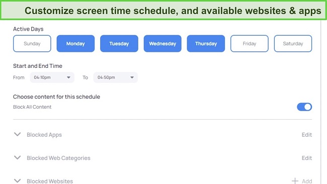 Mobicip’s screen time rules are easy to set p and customize for each day