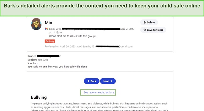 Bark alerts include the offending content, category tags, and advice for parents