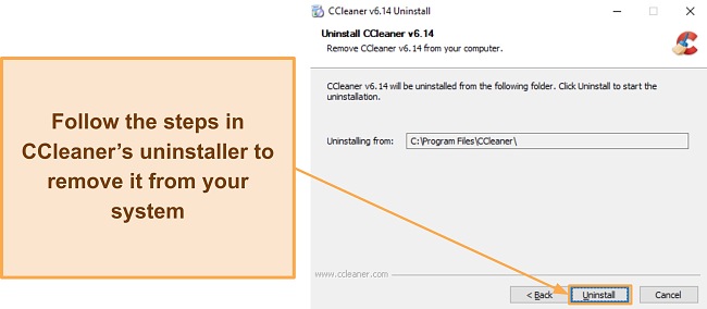 Screenshot showing CCleaner's uninstaller