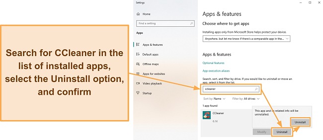 Screenshot showing how to start CCleaner's uninstallation through Windows' Apps & features menu