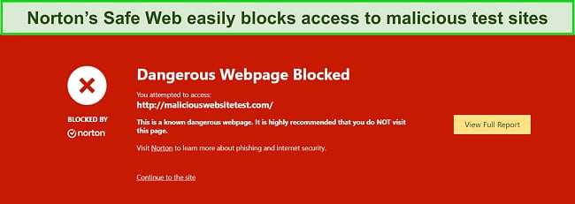 Screenshot of Norton's web protection blocking unsafe websites