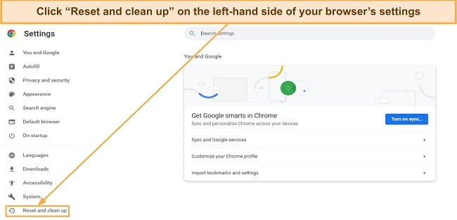Screenshot showing how to access Chrome's reset menu