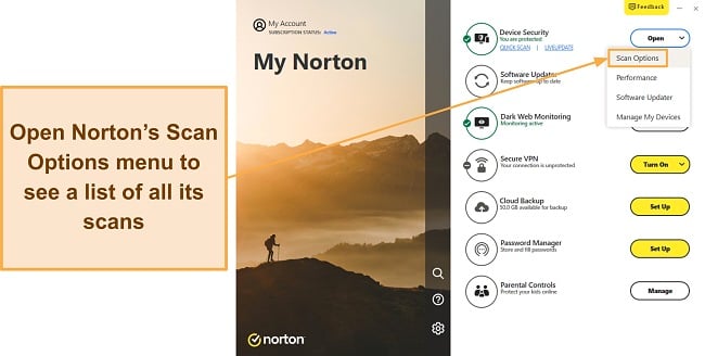 Screenshot showing how to access Norton's available scans