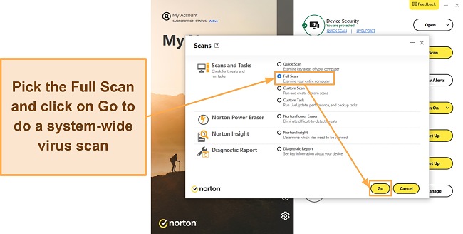 Screenshot showing how to start Norton's full scan