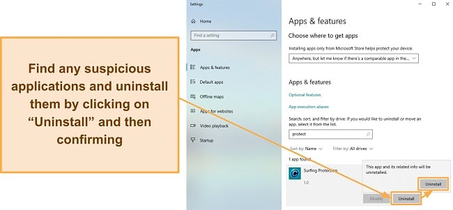 Screenshot showing how to uninstall suspicious apps with Windows' Apps & features menu