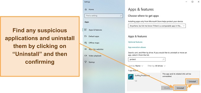 Screenshot showing how to uninstall suspicious apps with Windows' Apps & features menu