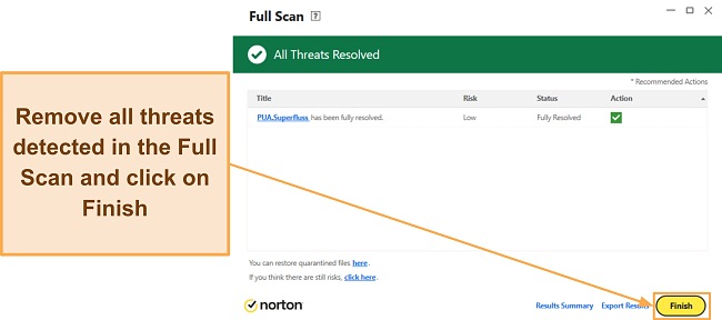 Screenshot showing how to finish Norton's full scan