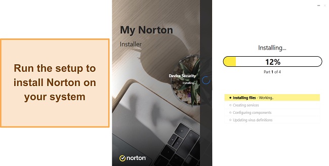 Screenshot showing Norton's installation in progress on Windows