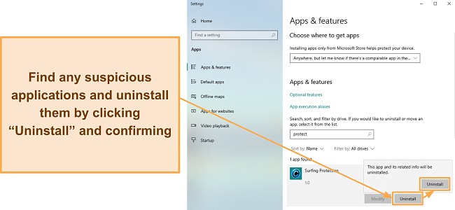 Screenshot showing how to uninstall suspicious apps using Windows' Apps & features menu