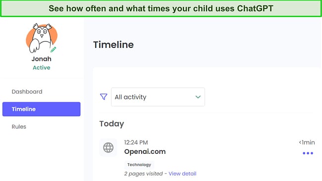 Use the timeline to see when your child goes on ChatGPT