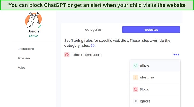 The web filter lets you manage what happens when your child visits ChatGPT