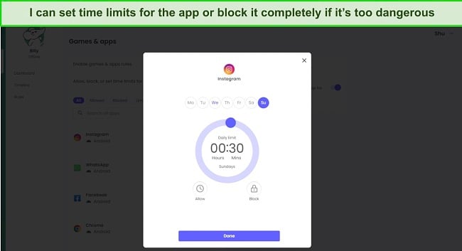 Qustodio lets you set time limits for each app