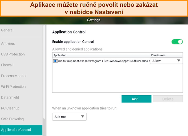 Snímek obrazovky konfiguračního menu aplikace Panda's Application Control