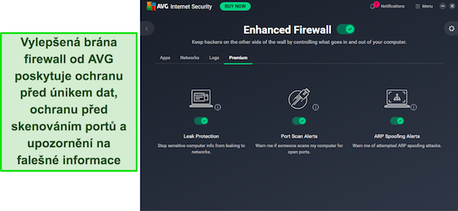 Aplikace AVG zobrazující vylepšenou ochranu firewallem
