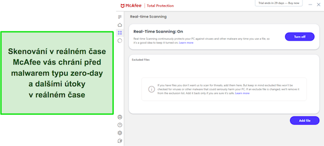 Aplikace McAfee se zapnutým skenováním ochrany v reálném čase