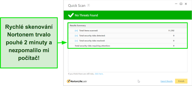 Snímek obrazovky s výsledky rychlého skenování aplikace Norton