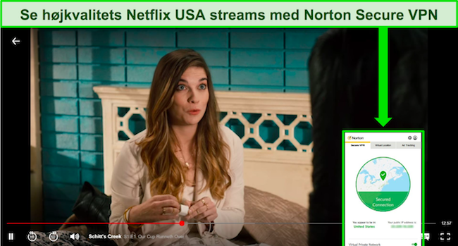 Skærmbillede af Norton 360's VPN, der fjerner blokeringen af Netflix US