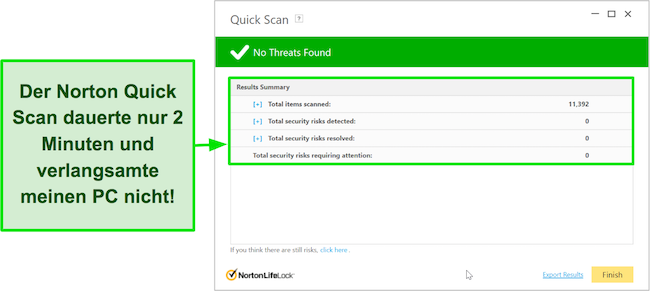 Screenshot des Schnellscan-Ergebnisbildschirms von Norton