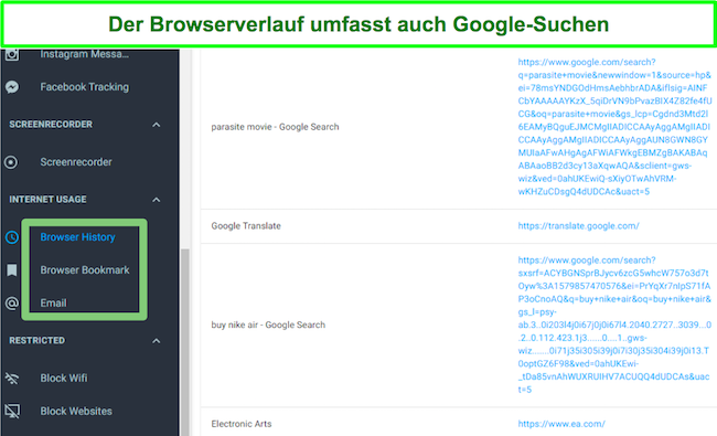 Der mSpy-Browserverlauf enthält einen Screenshot der Google-Suche