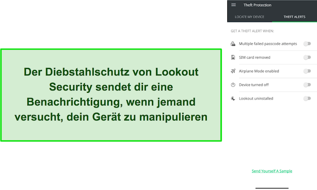 Screenshot mit den verschiedenen Diebstahlwarnungen, die Sie mit Lookout Security einrichten können