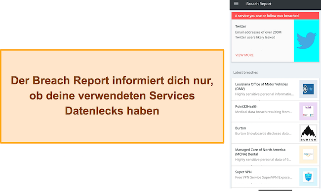 Screenshot, der die Funktion „Breach Report“ von Lookout Security zeigt