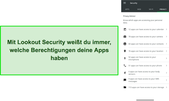 Screenshot der Privacy Advisor-Funktion von Lookout Security